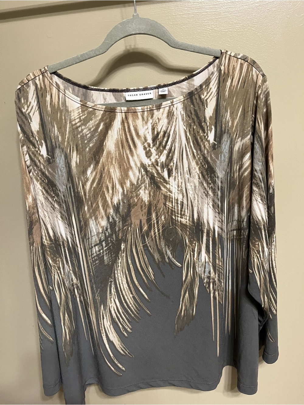 Susan Graver Gray, Gold & White Feather-Print Boatneck Tunic
